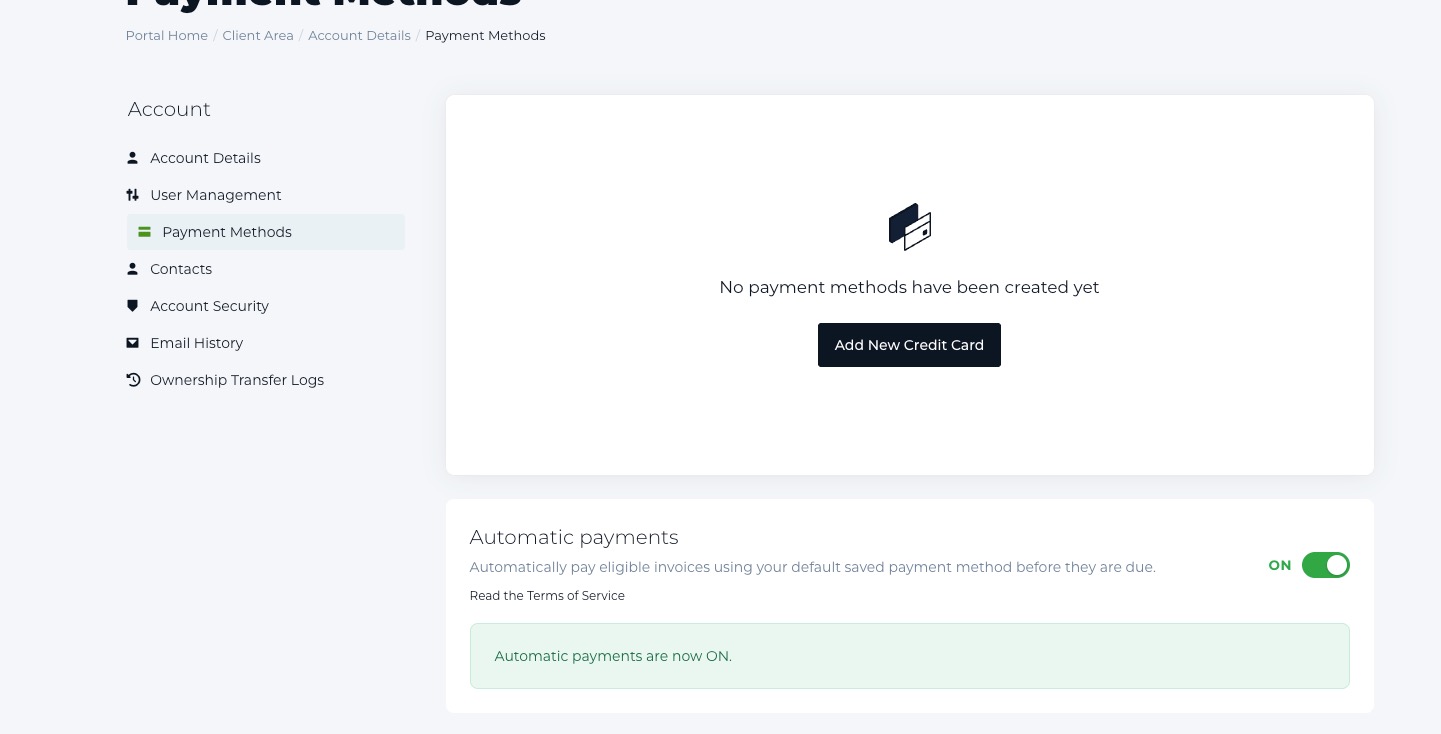 Automatic payments control in Register.ly Client Area Payment Methods